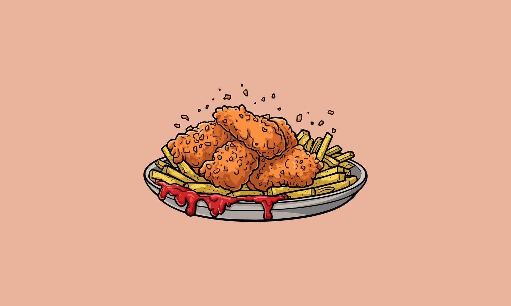 Crispy fried chicken served with fries and ketchup vector