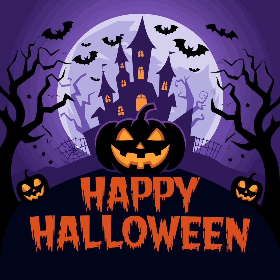 Haunted house Halloween scene with pumpkins and bats. vector