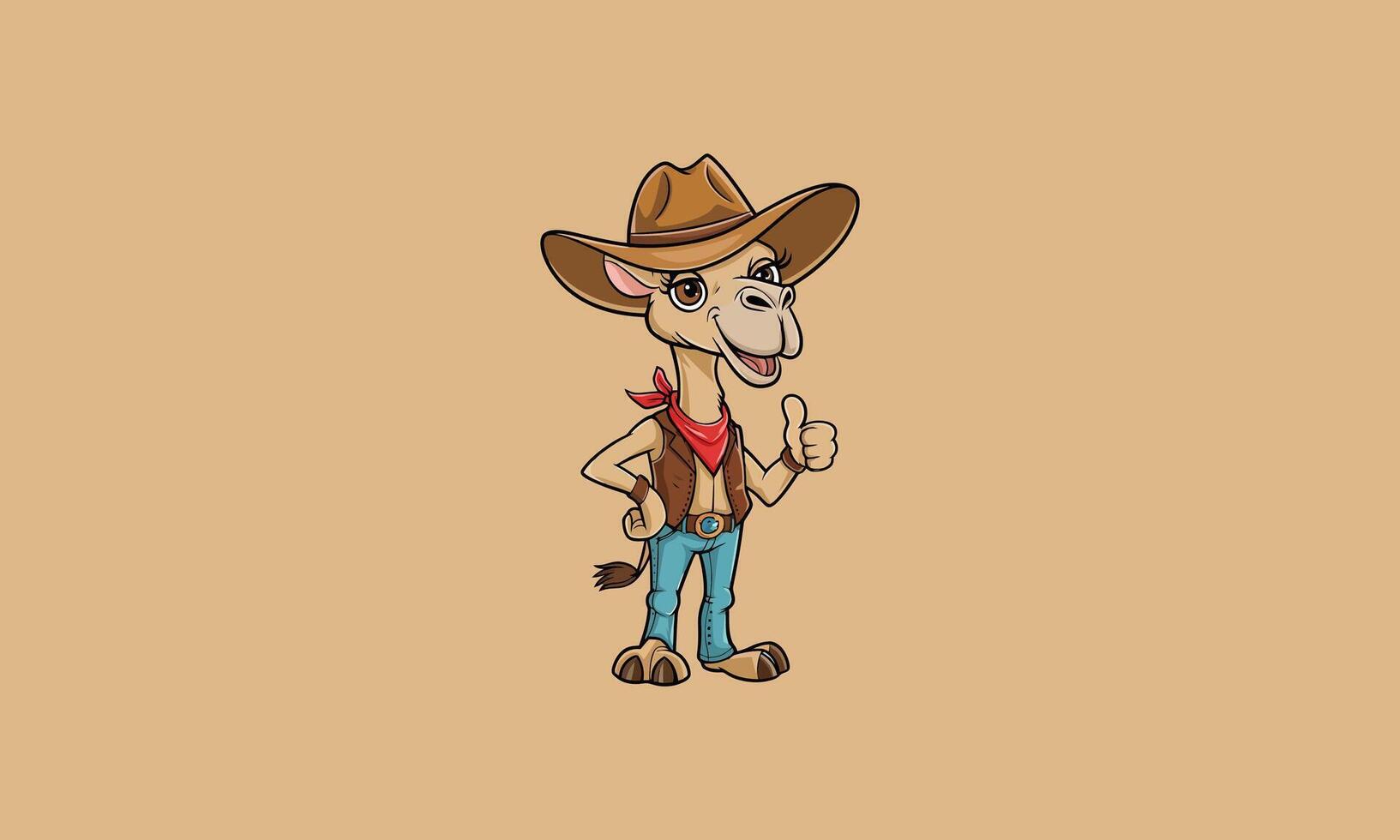 A cheerful cartoon camel dressed as a cowboy giving a thumbs up. vector
