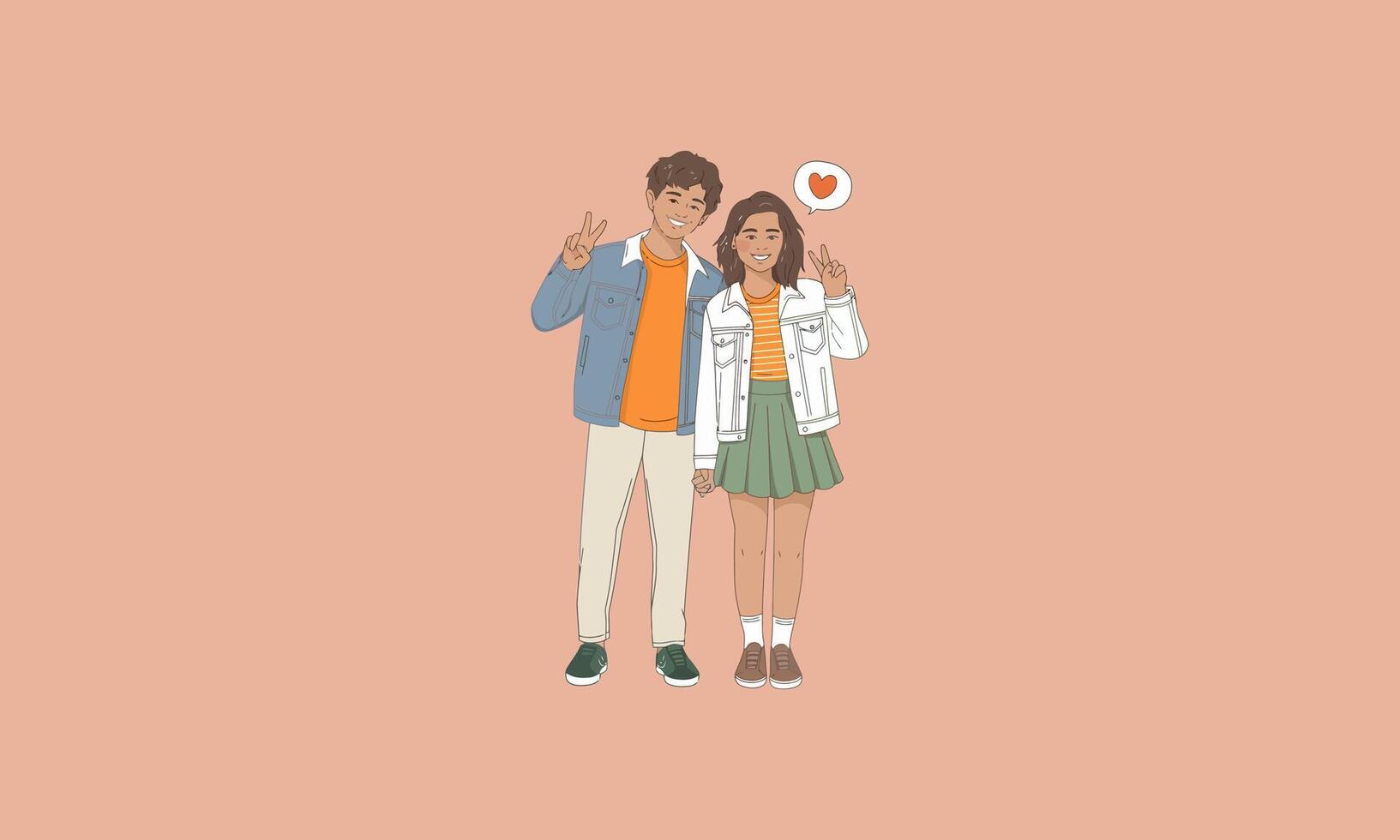 Happy couple holding hands and making peace signs vector