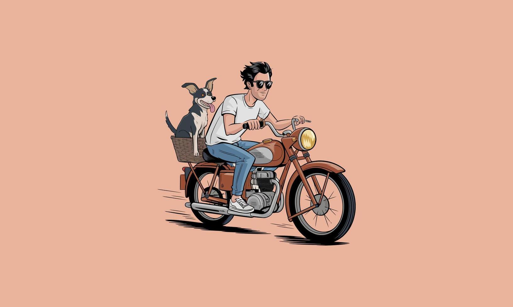 Man riding a motorcycle with a dog in the back basket vector