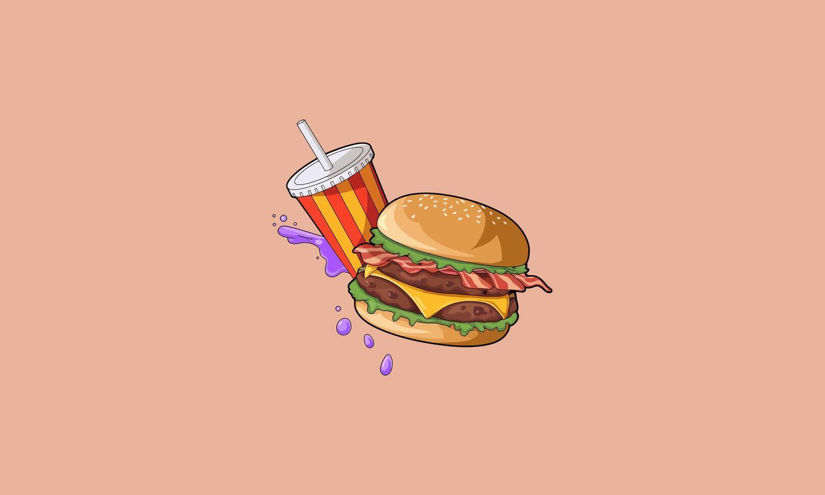 Burger with cheese and bacon, served with a drink vector