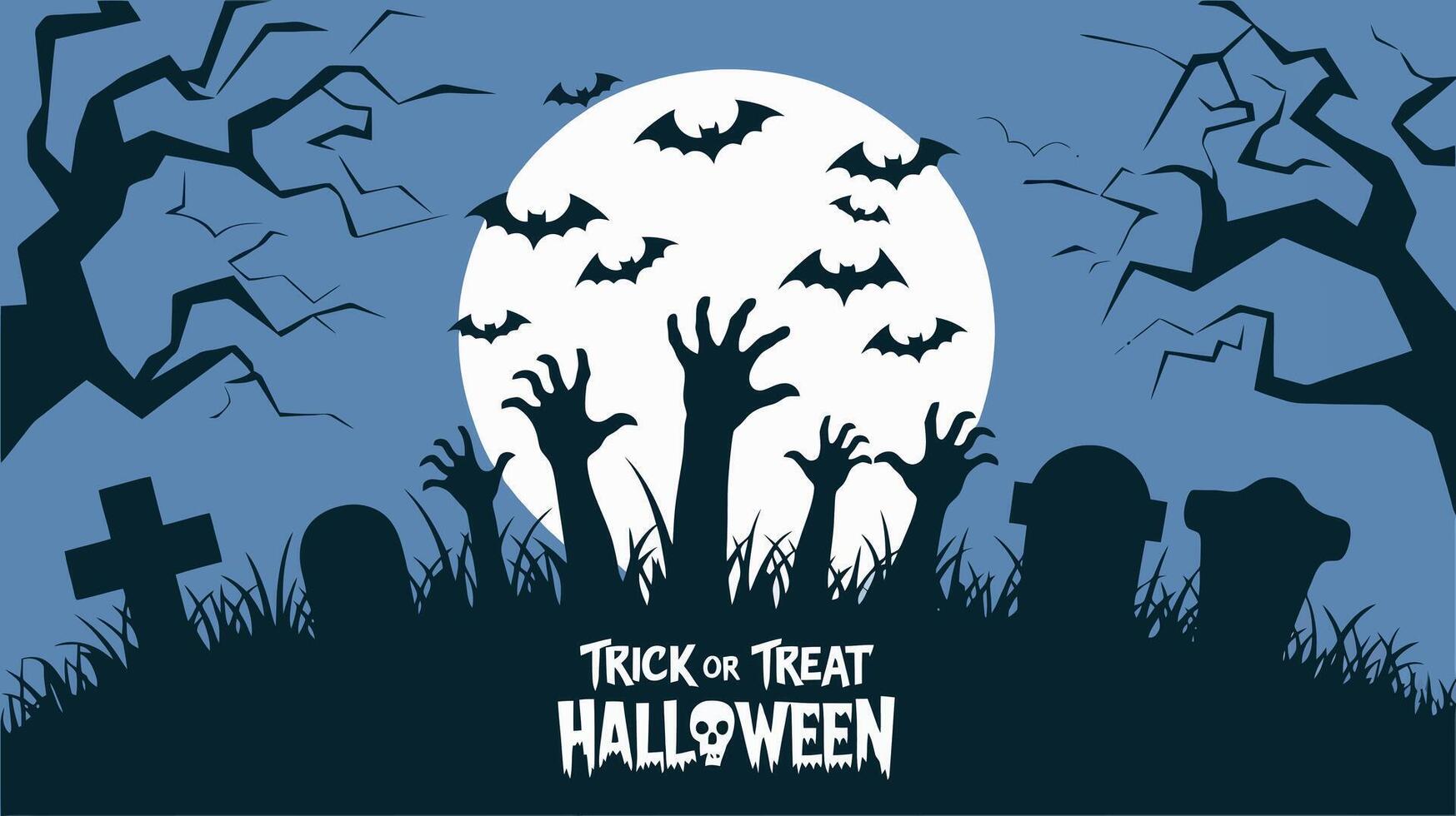 Graveyard scene with zombie hands rising and bats flying. vector