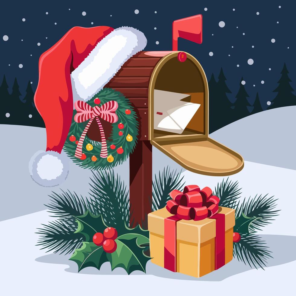 Christmas mailbox with Santa hat, wreath, and gift box vector