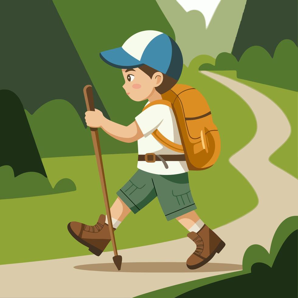 Boy hiking with backpack and walking stick on a trail. vector