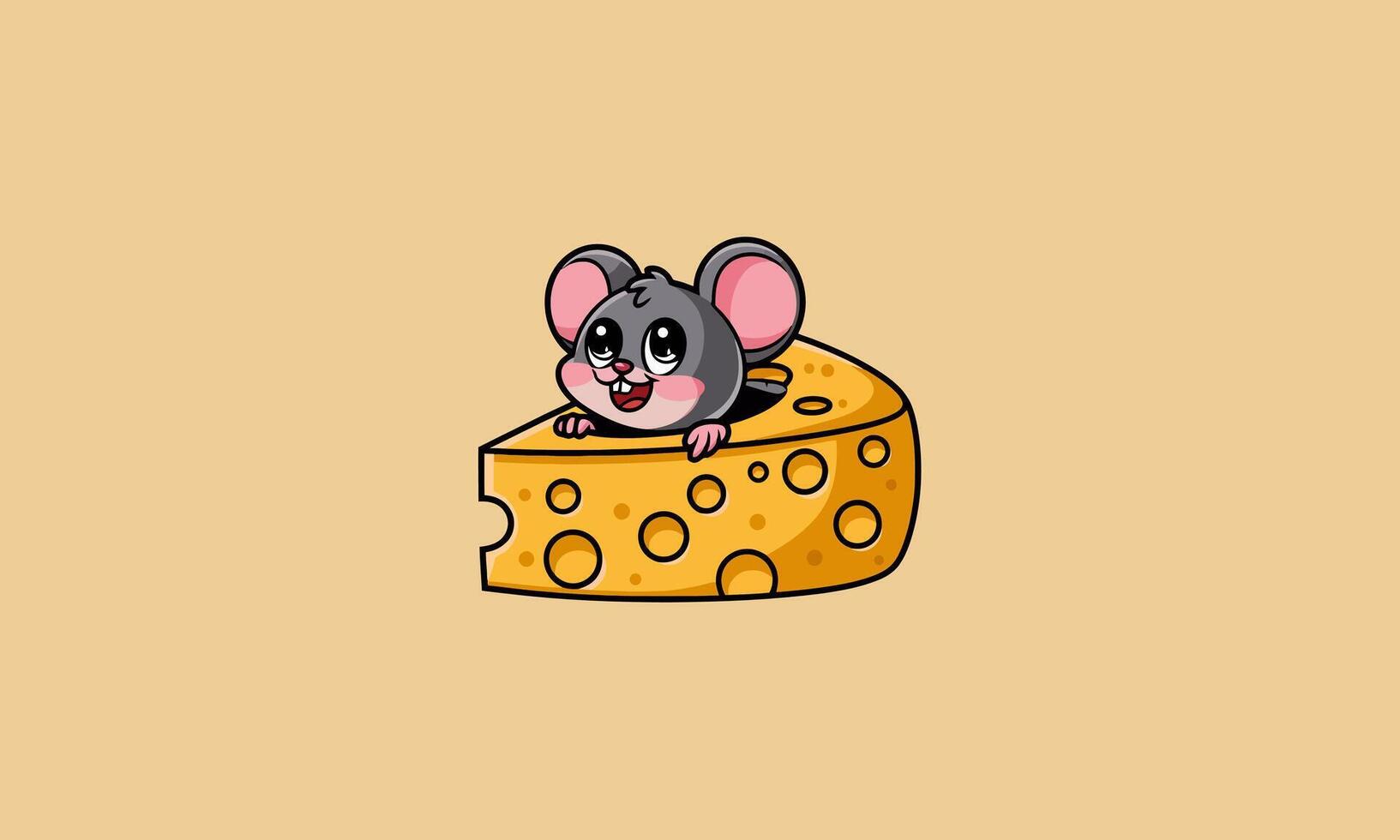 Happy mouse peeking out of a large cheese wedge. vector