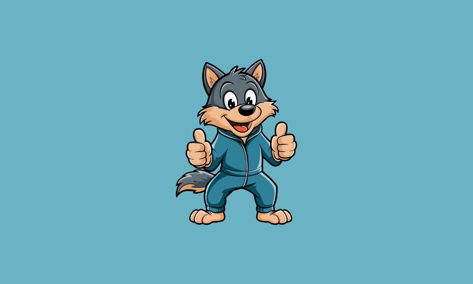 Cartoon wolf in a blue tracksuit giving two thumbs up. vector