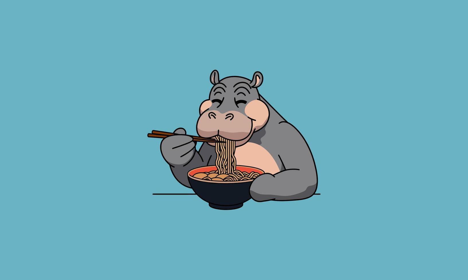 Cartoon hippo happily eating noodles with chopsticks. vector