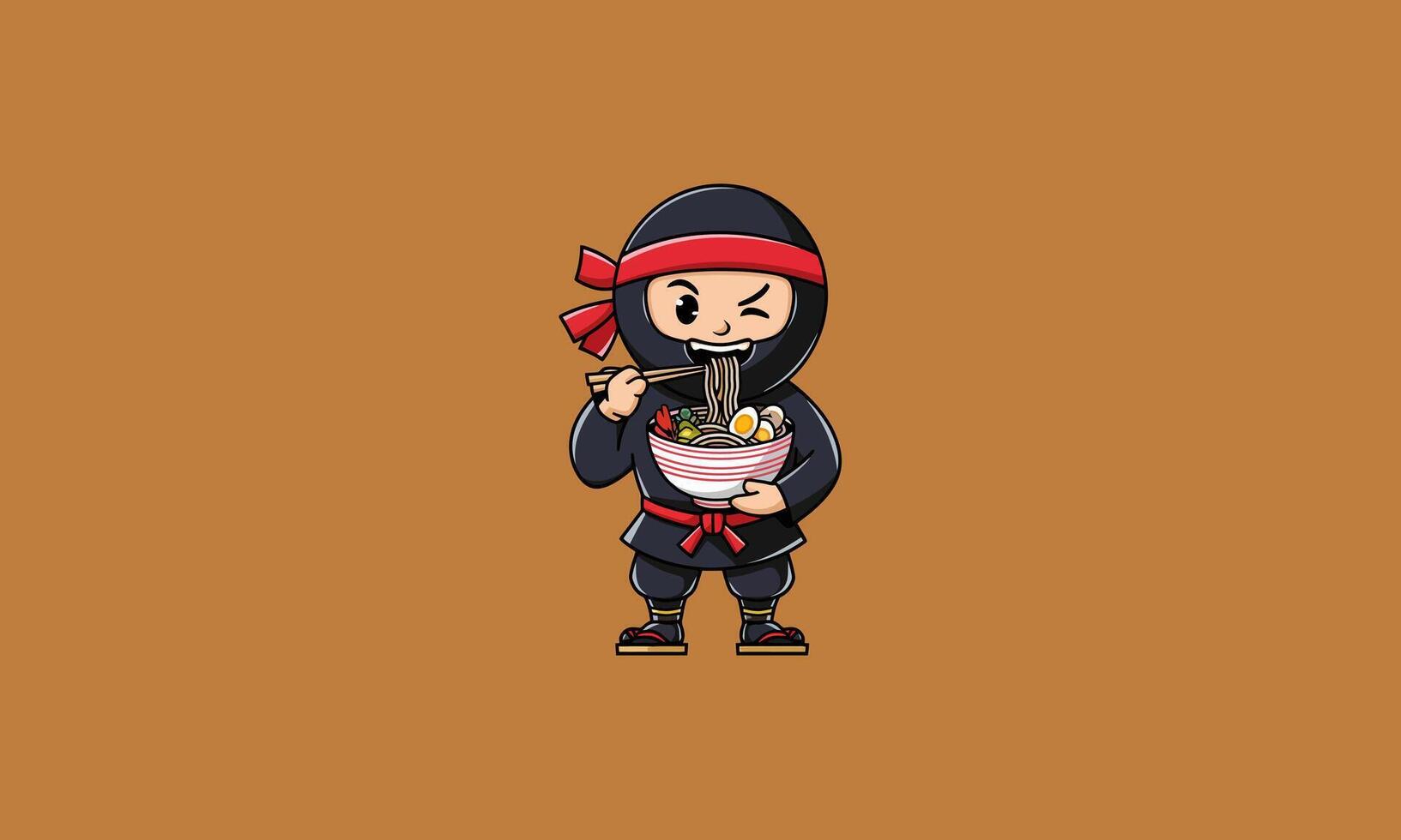Cartoon ninja enjoying a bowl of ramen noodles with chopsticks. vector