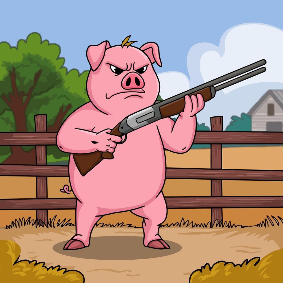 Angry pig holding a shotgun on a farm. vector