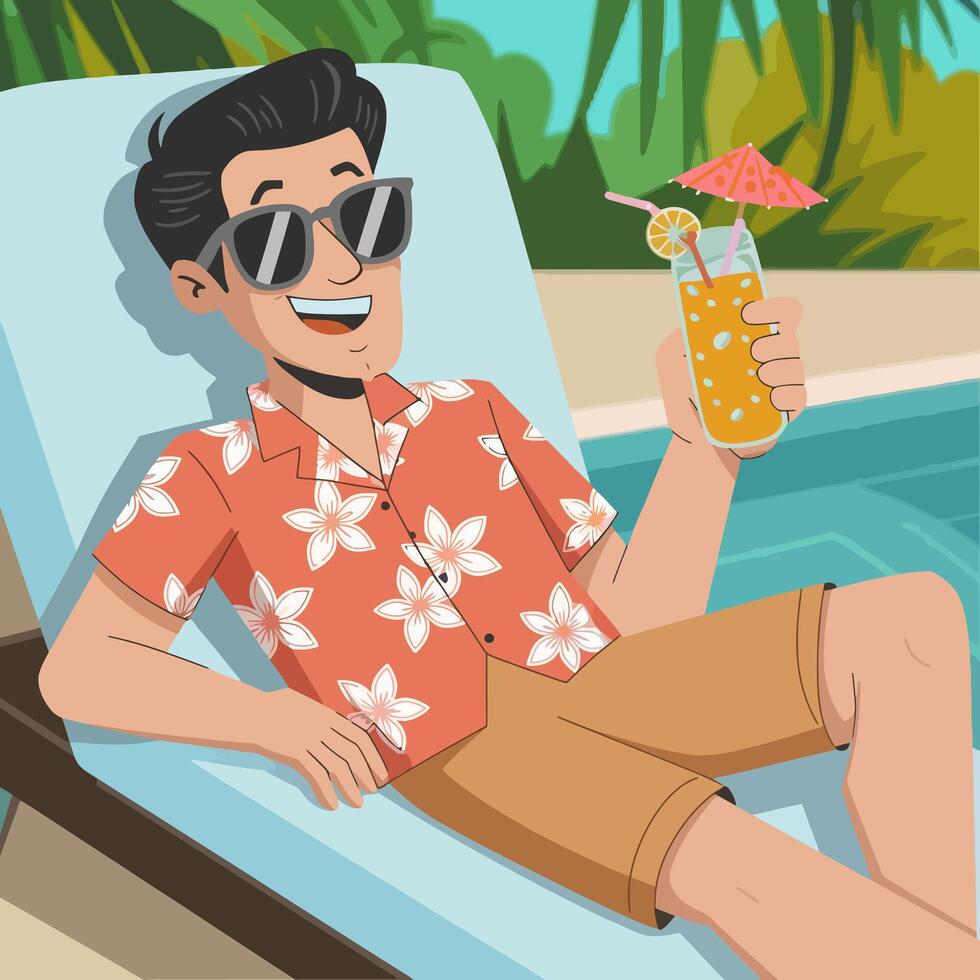 Relaxed man enjoying a drink by the pool. vector