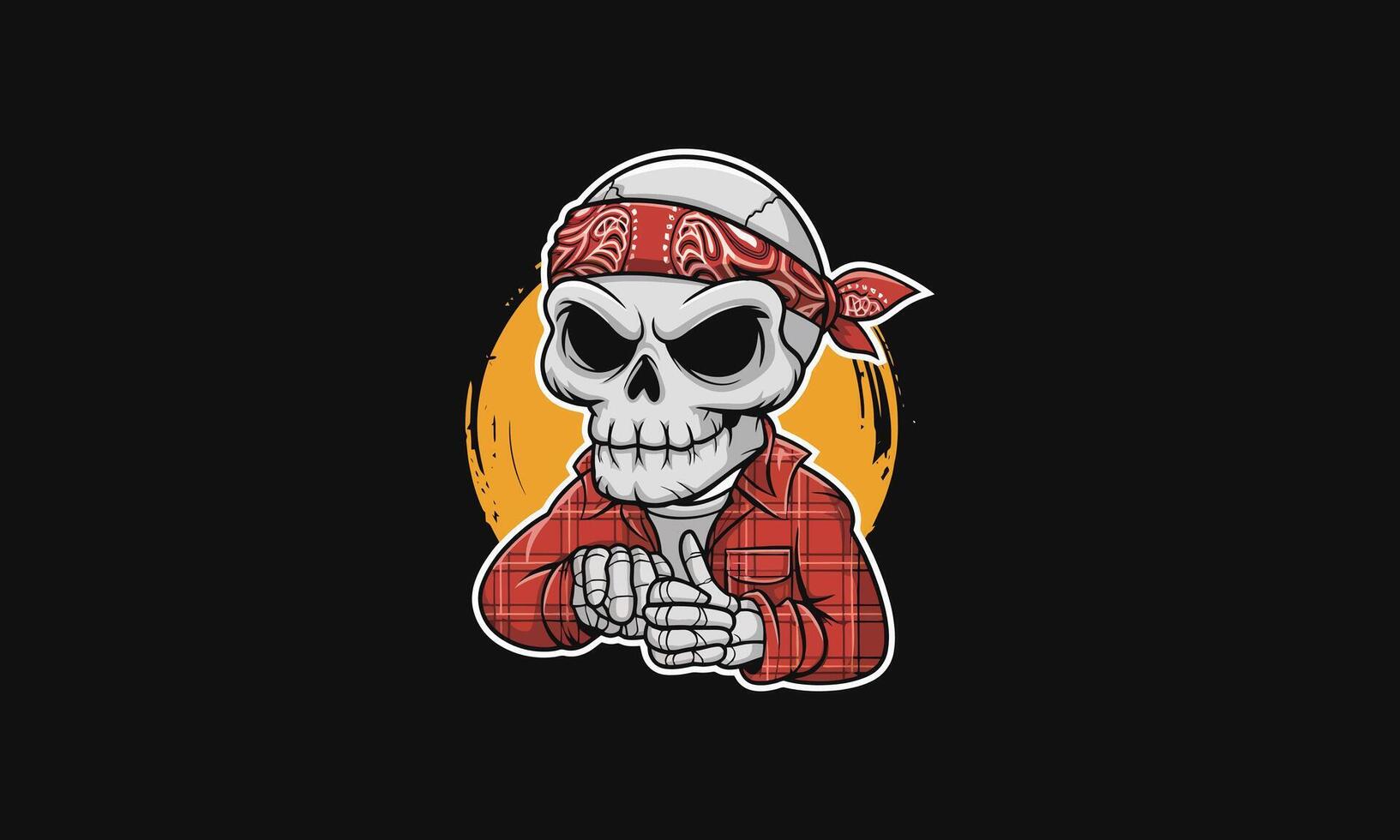 Skull character in plaid shirt with red bandana, grinning vector