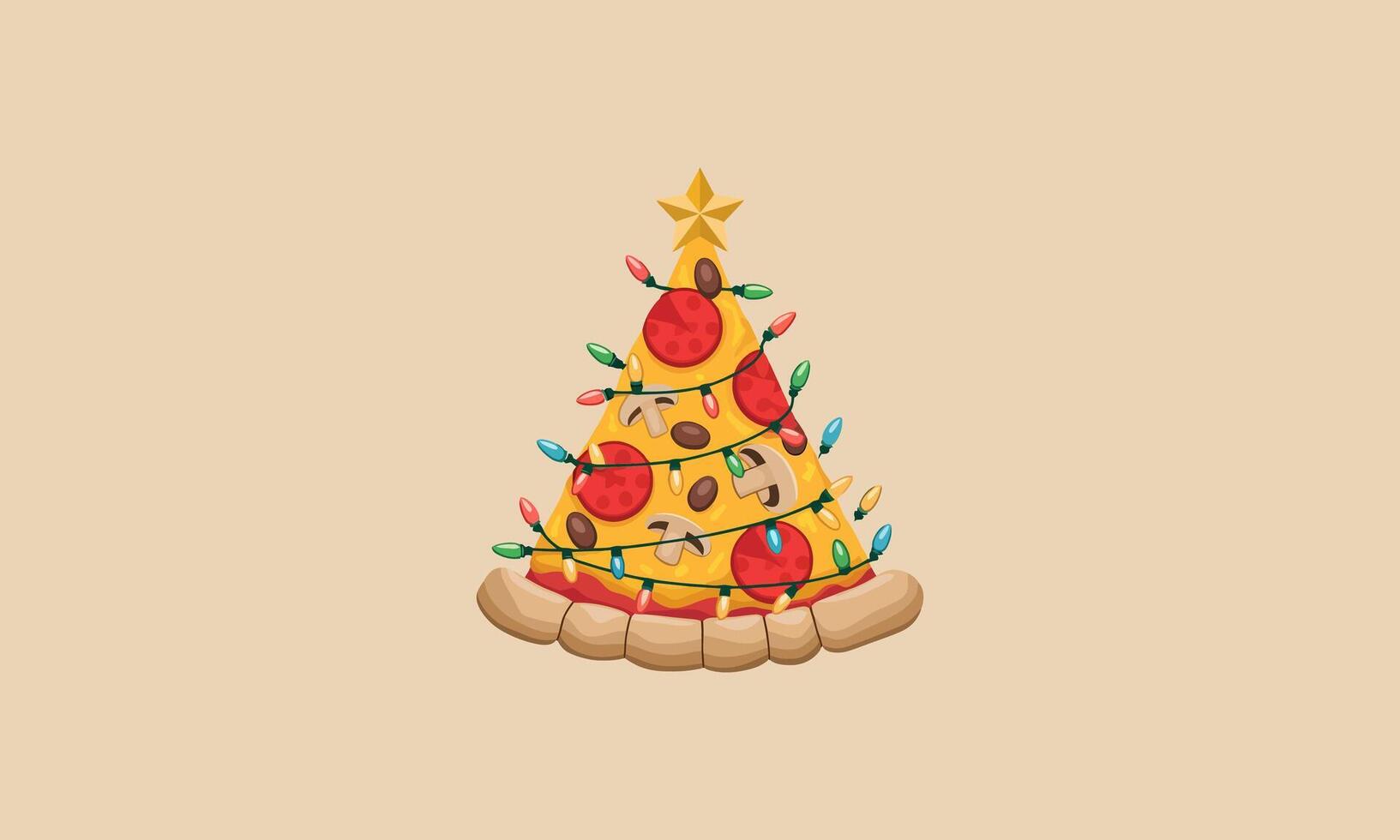 Pizza slice shaped like a Christmas tree with lights vector