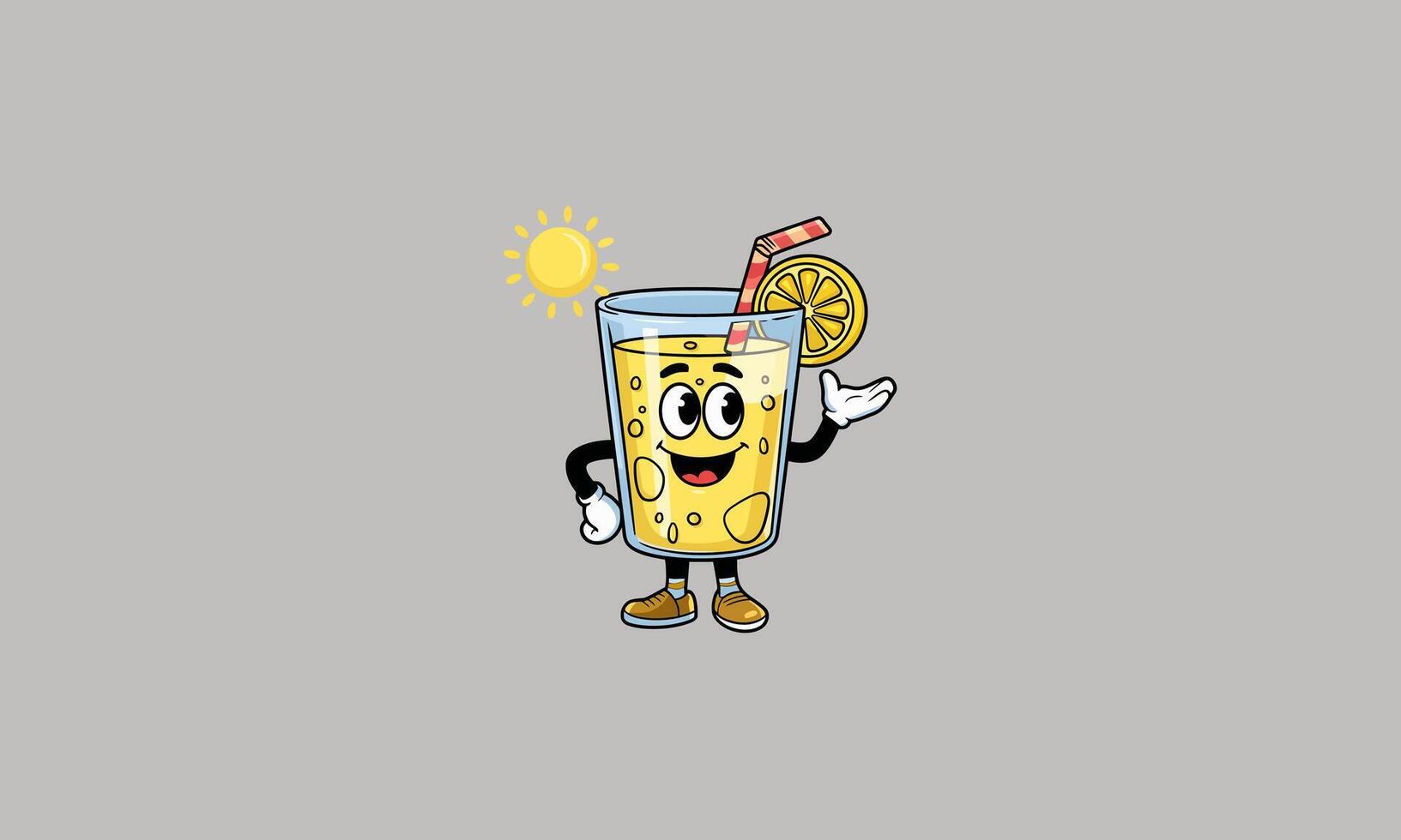 Cartoon glass of lemonade with a straw and lemon slice, waving with a sun in the background. vector