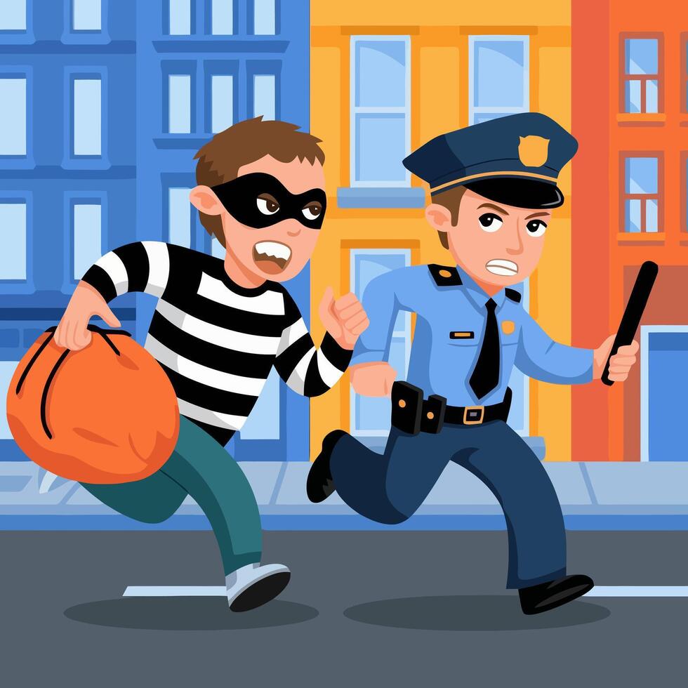 Thief running from a determined police officer. vector