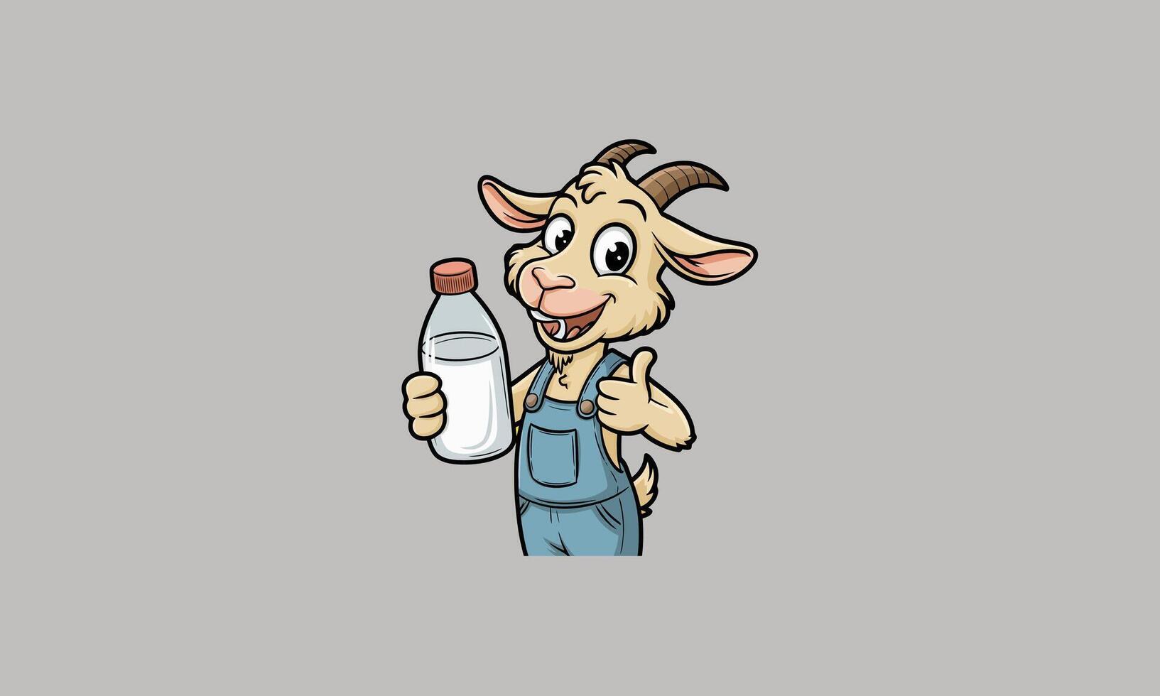 Cartoon goat wearing overalls holding a milk bottle and giving a thumbs-up. vector