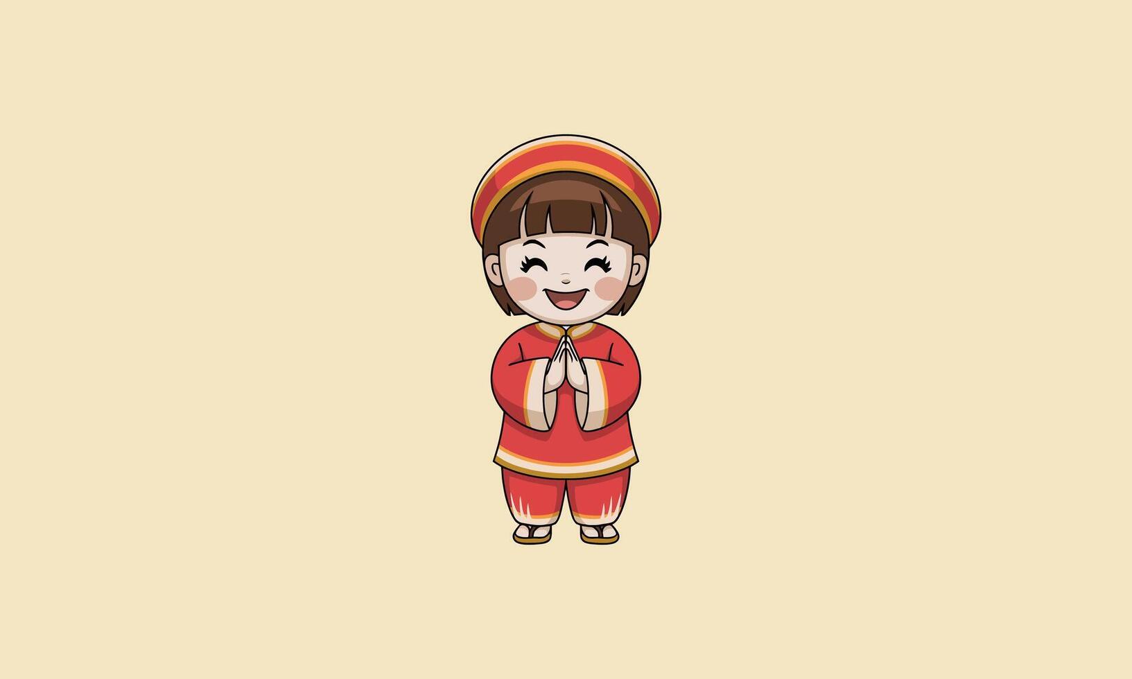 Smiling child in traditional red outfit with hands clasped vector