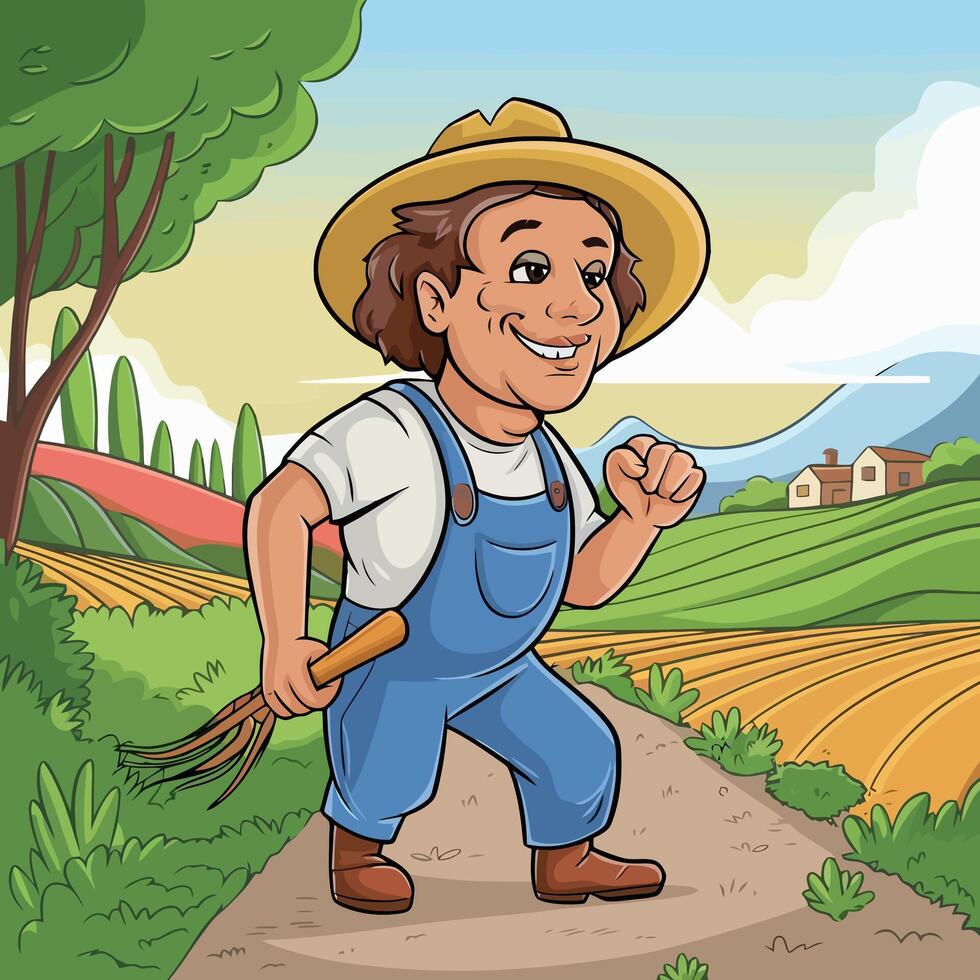 Joyful farmer walking with a pitchfork on a sunny day. vector
