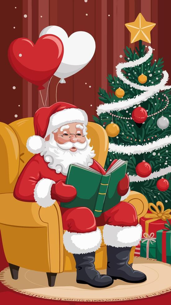 Santa Claus reading a book next to a Christmas tree and balloons vector