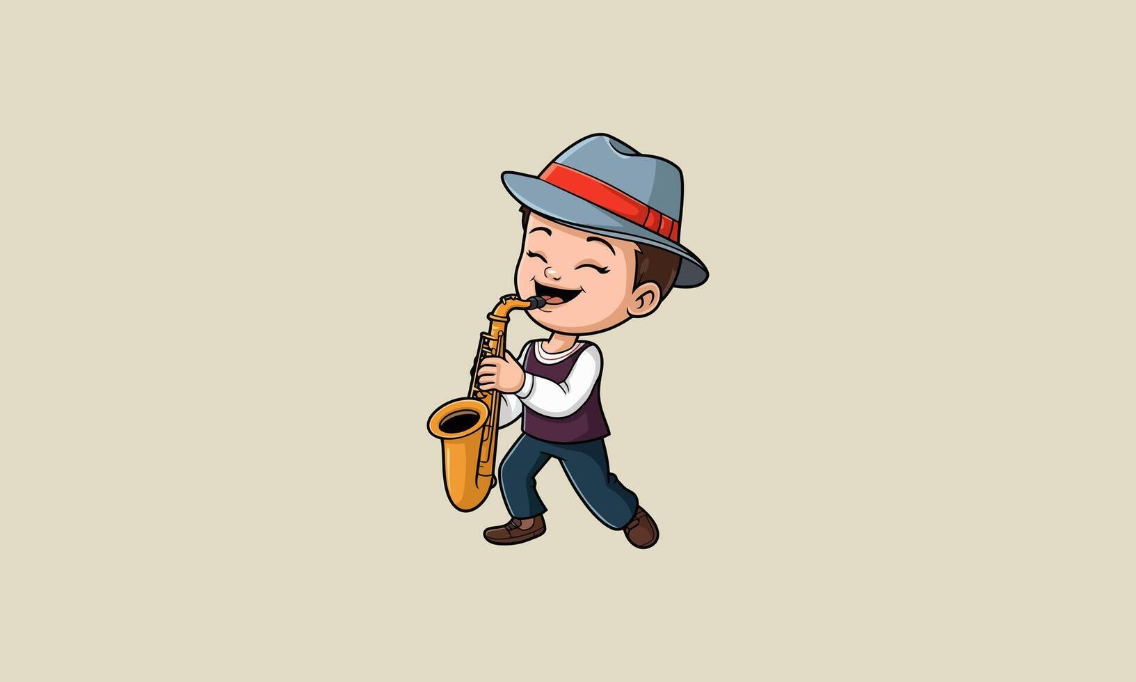 Happy child playing saxophone joyfully. vector