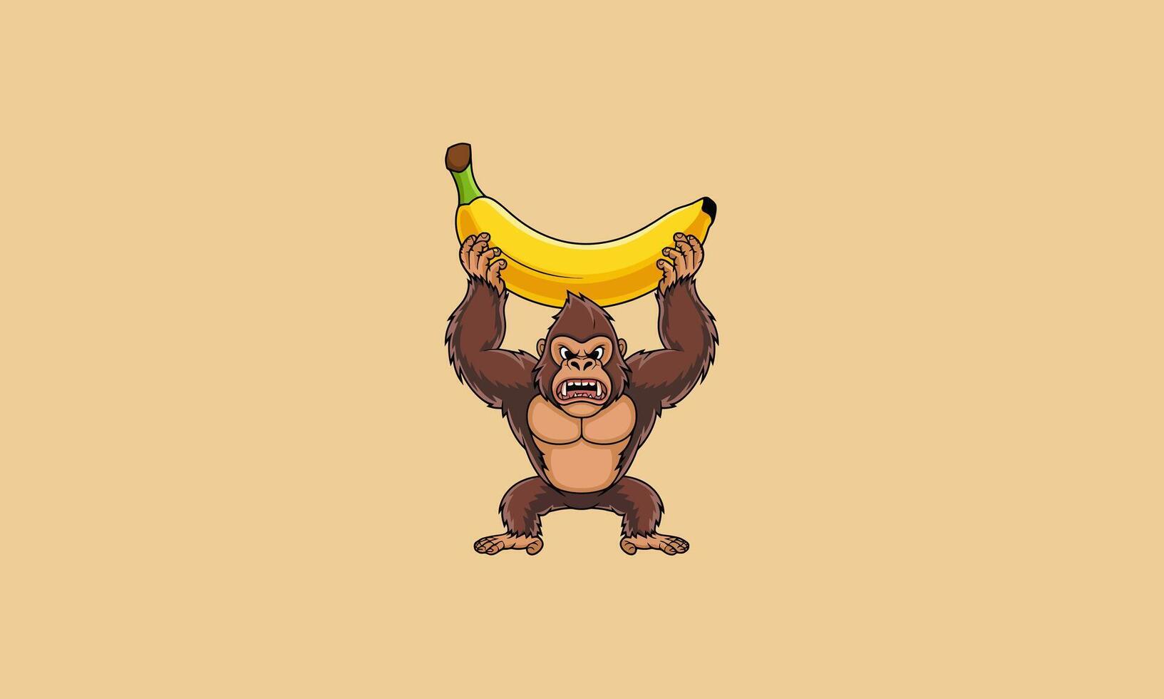 Angry gorilla holding a giant banana over its head. vector