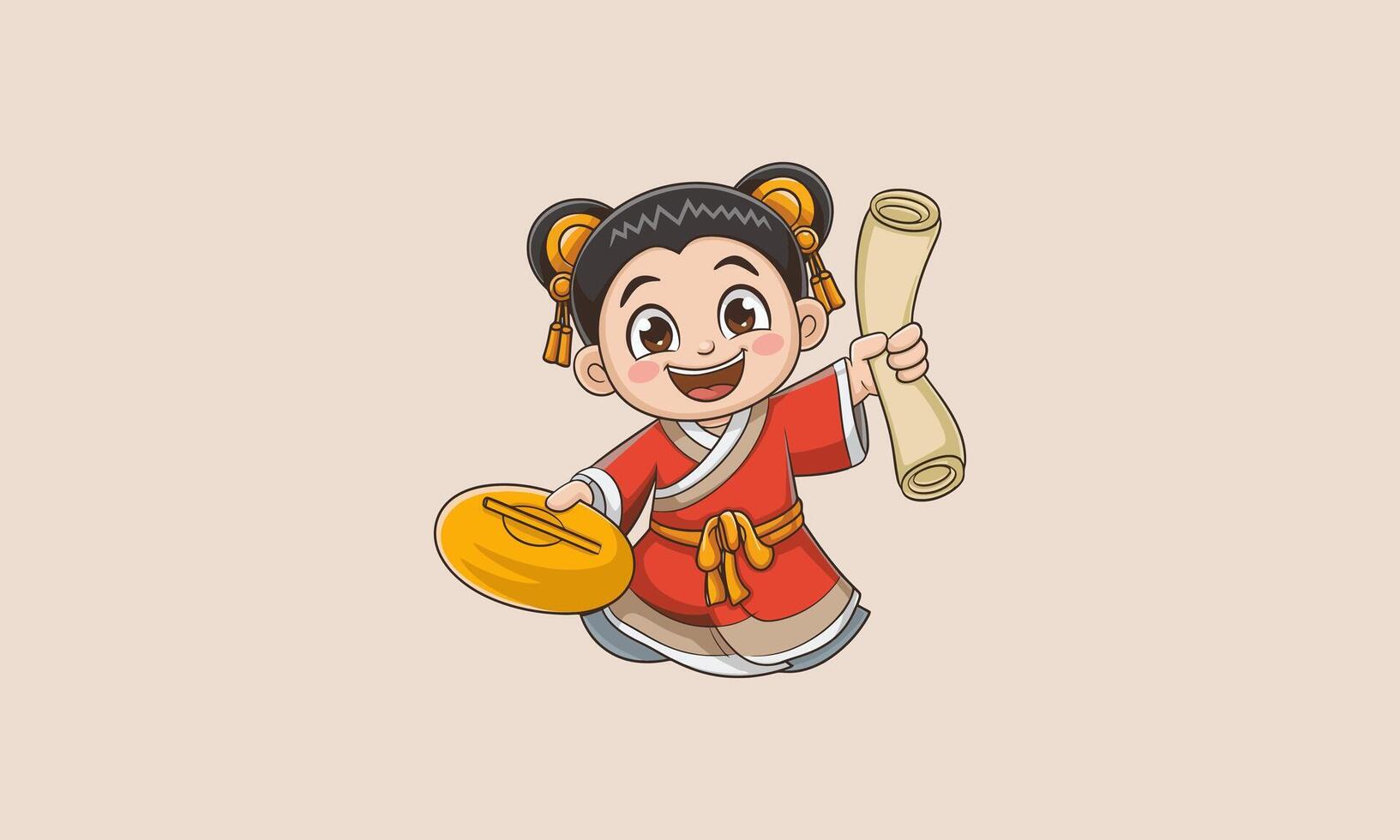 Cheerful child holding a scroll and gold ingot in festive attire vector