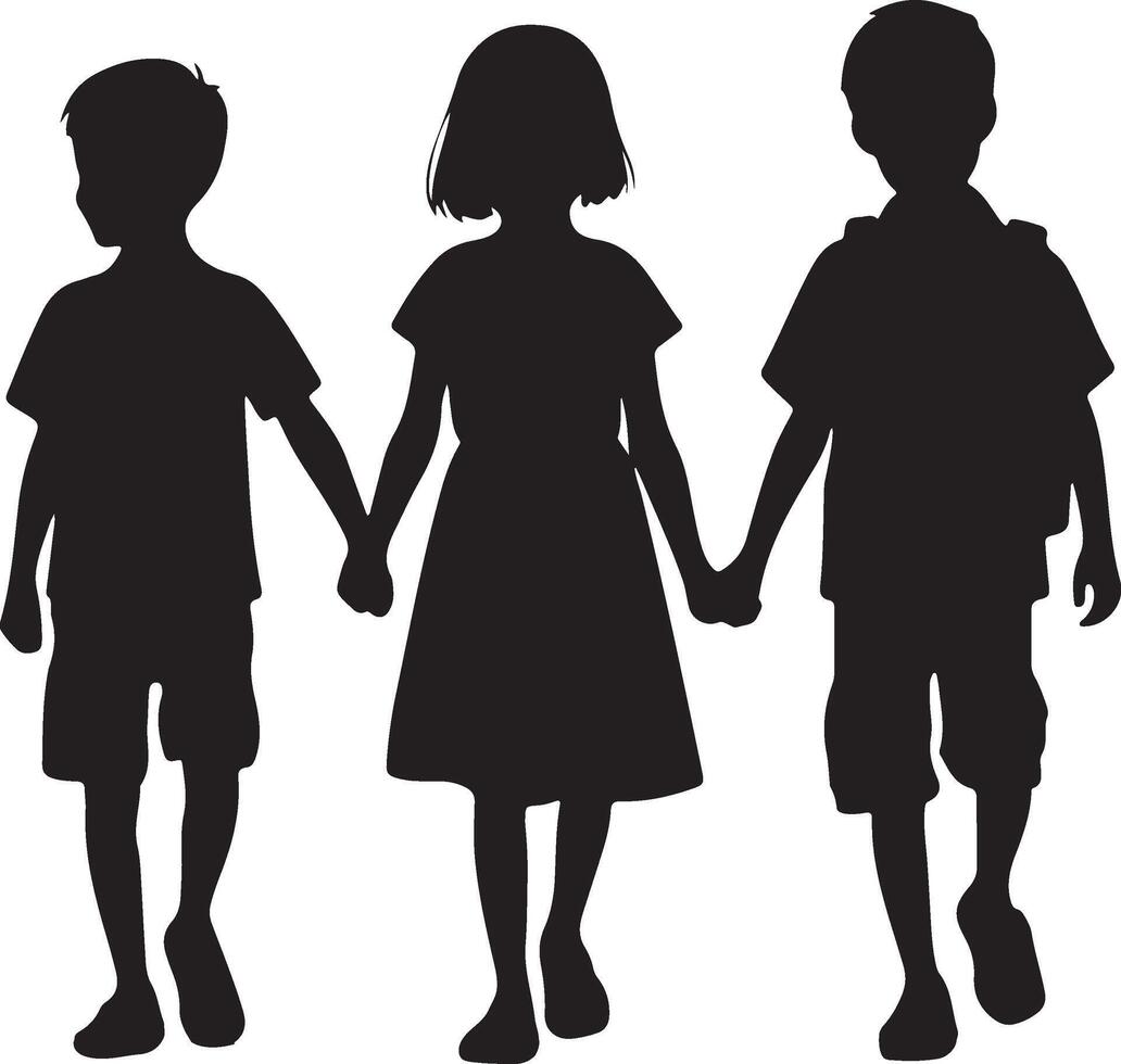 silhouette of three children holding hands vector