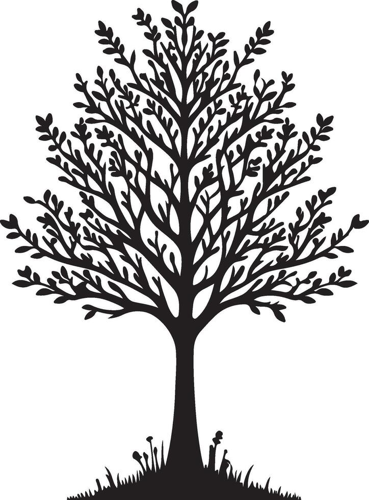 silhouette of a tree with leaves and grass vector