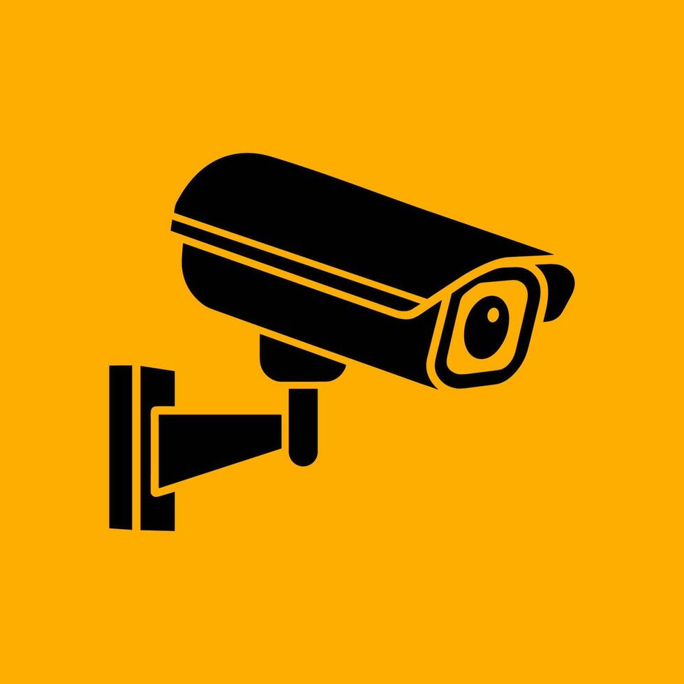 A black and yellow security camera icon on a yellow background vector