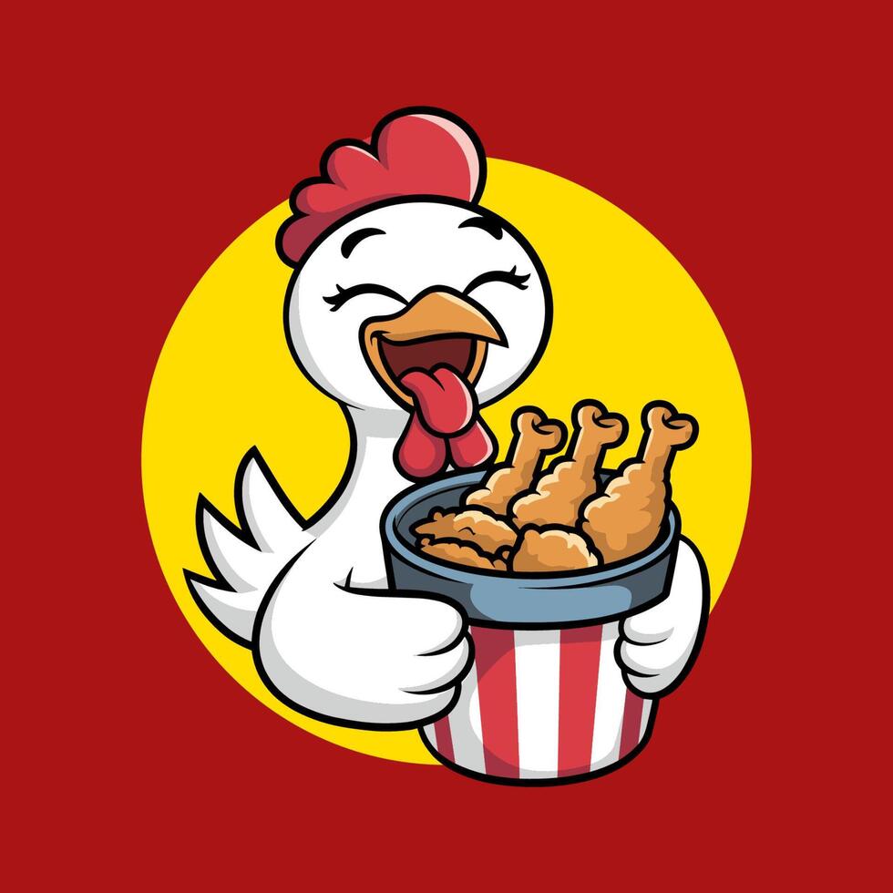 A cartoon chicken holding a bucket of chicken wings vector