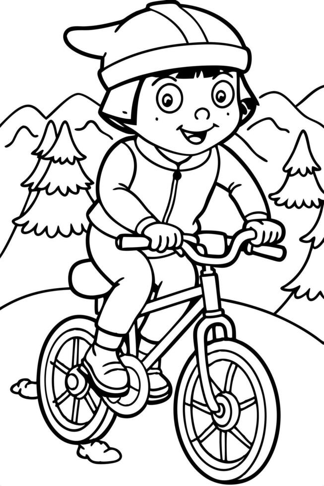 dora the explorer riding bycicle on the mountain, illustration line art vector