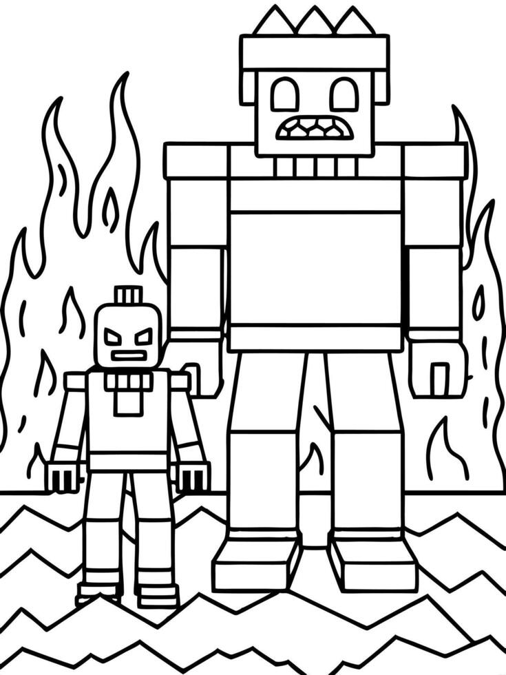 one big minecraft character and other small with arms an ominous fortress in the nether, built of vector