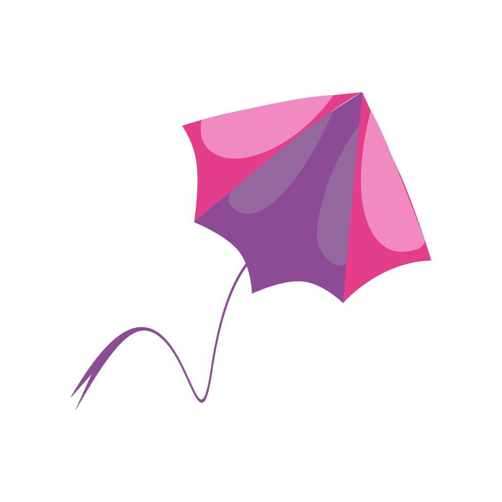Flying kite violet color isolated, outdoor toy in air freedom, sport high recreation, activity hobby, colorful vector