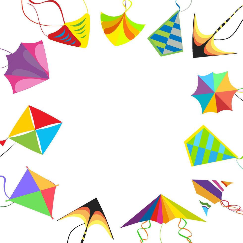 Template banner with colored flying kites for kids holiday or book, traditional custom sankranti, ceremony makar religion, tail template vector