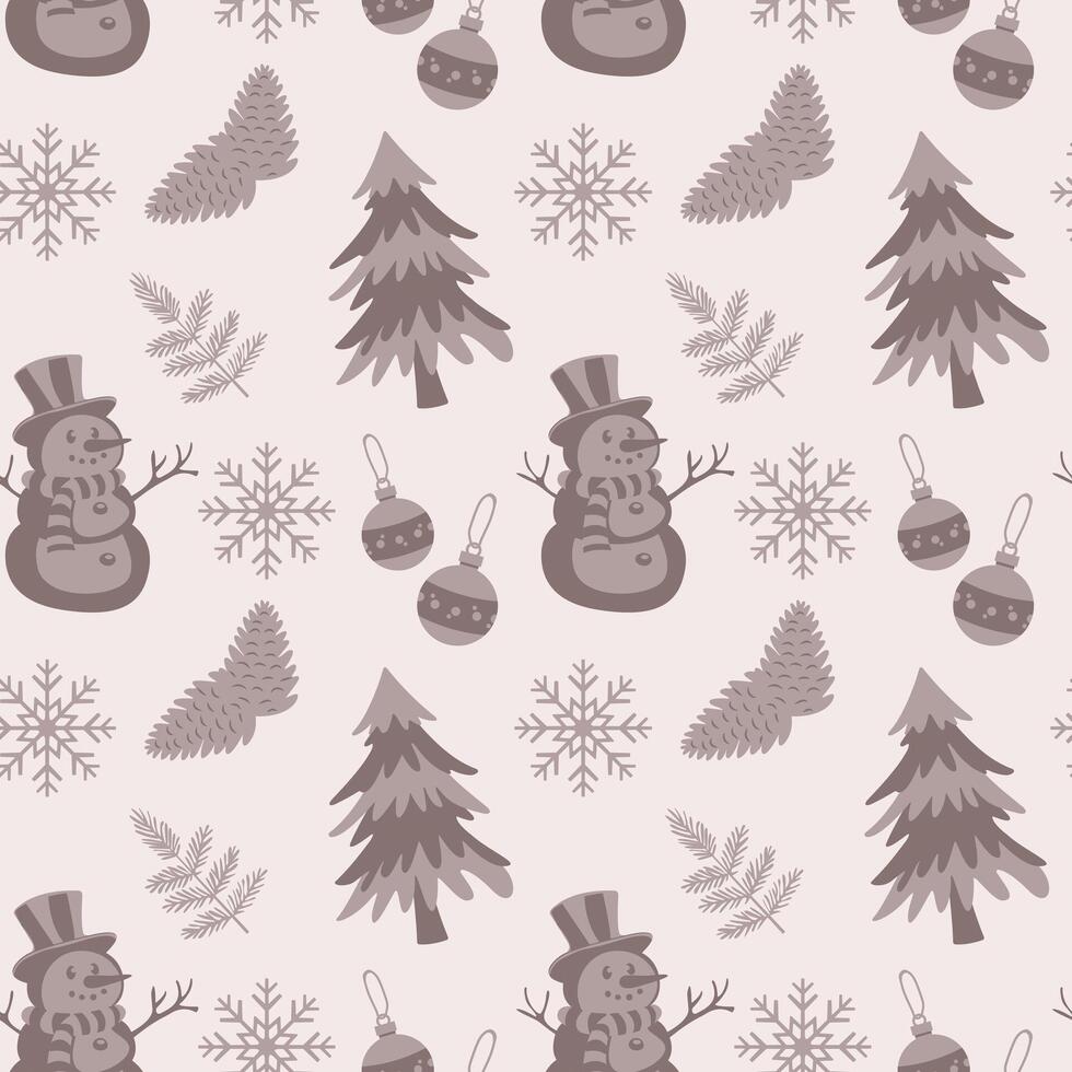 Christmas pattern Simple seamless pattern for gift wrapping with snowman, Christmas tree, snowflakes and toys Print for wrapping paper, Christmas cards, scrapbooking Kraft paper vector
