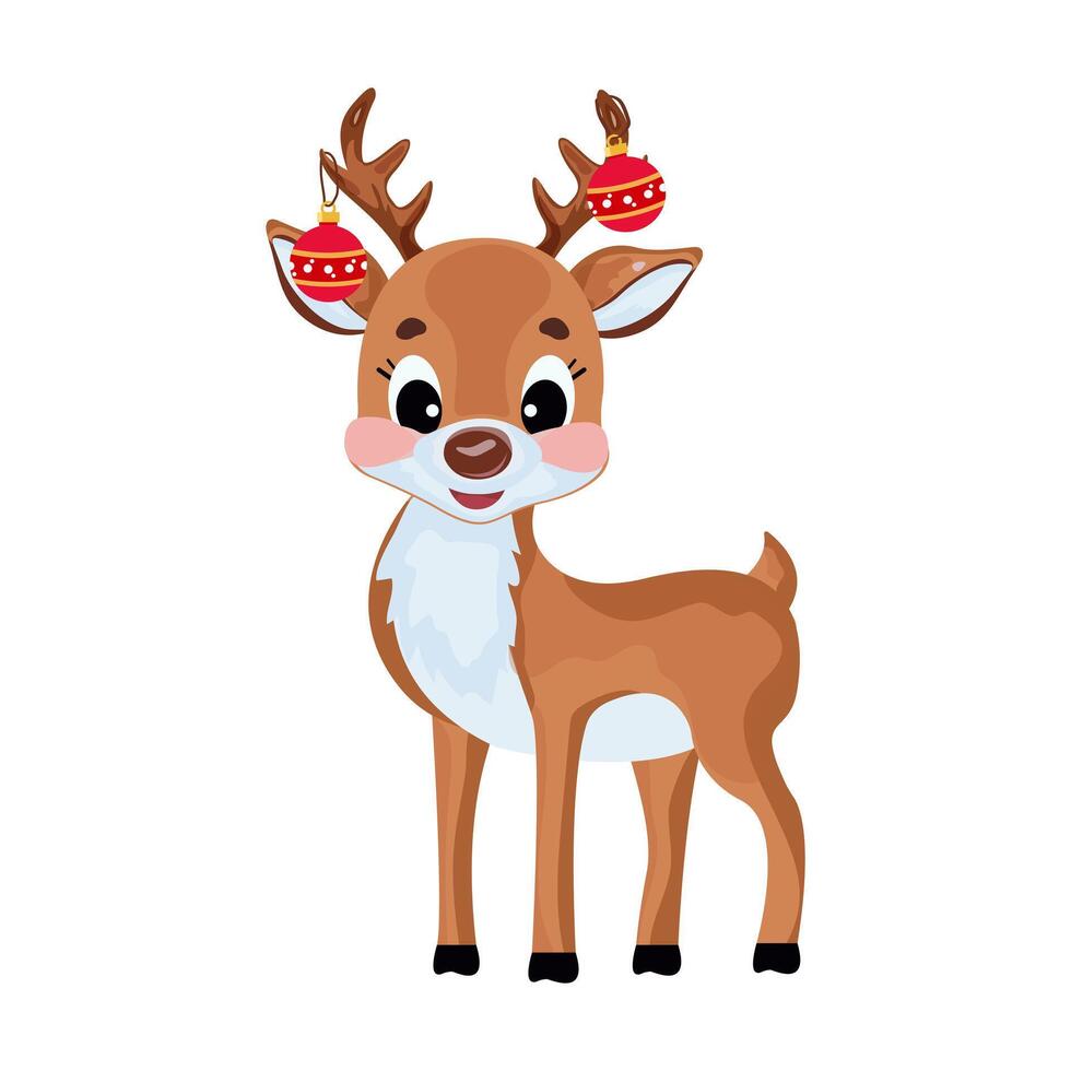 Christmas cute reindeer with Christmas tree toys on antlers Merry Christmas and Happy New Year greeting card, isolated on white background vector
