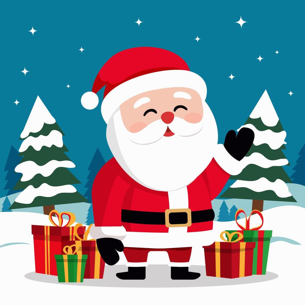 New Year card with cute Santa Claus, presents and winter landscape. A festive character in the winter season. Christmas design element. vector