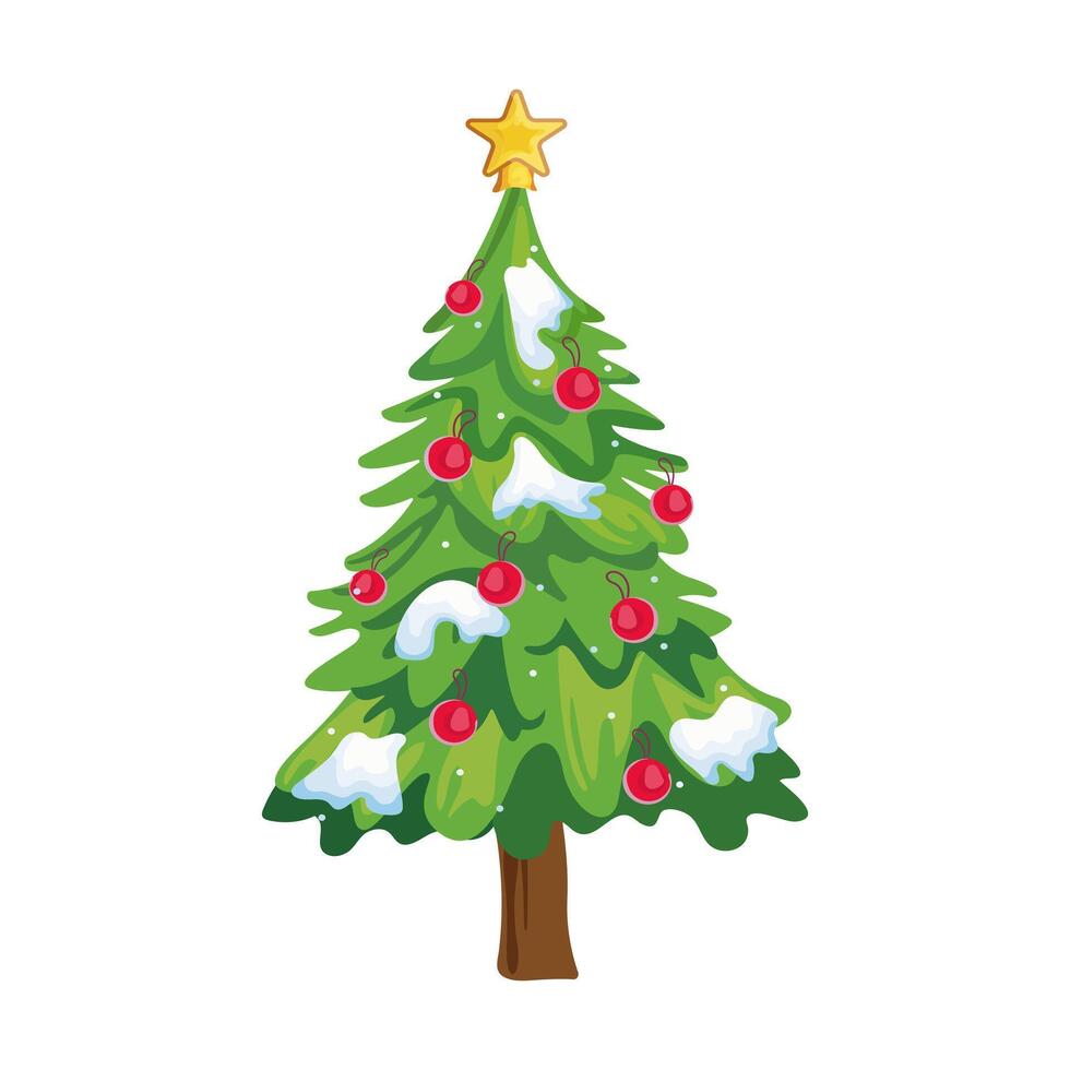 Christmas tree with decorations and snow. Illustration of the main holiday symbol on isolated background vector