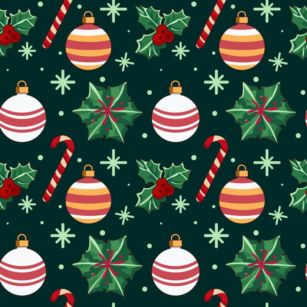 Christmas tree ornaments pattern. Winter holiday accessories. Seamless illustration for wrapping, packages and cards Gift boxes, Christmas tree, gingerbread, candy, holiday candles. Fun New Year's Eve vector