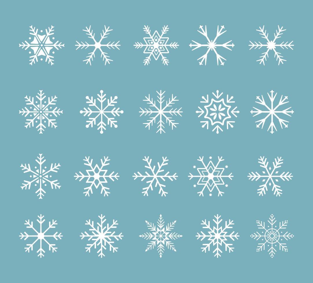 Set of cute snowflake icons on isolated background New Year ornament Symbols for mobile apps and website design. Flat snowflake icons, silhouette vector