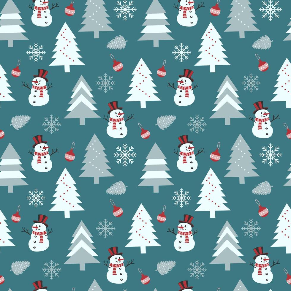 Christmas pattern Simple seamless pattern for gift wrapping with snowman, Christmas tree, snowflakes and toy Print for wrapping paper, Christmas cards, scrapbooking vector