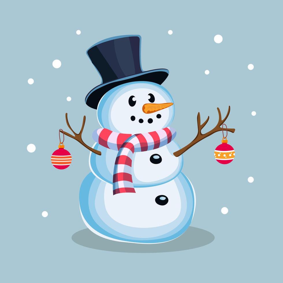 Snowman in a hat and scarf with Christmas toys on the branches vector