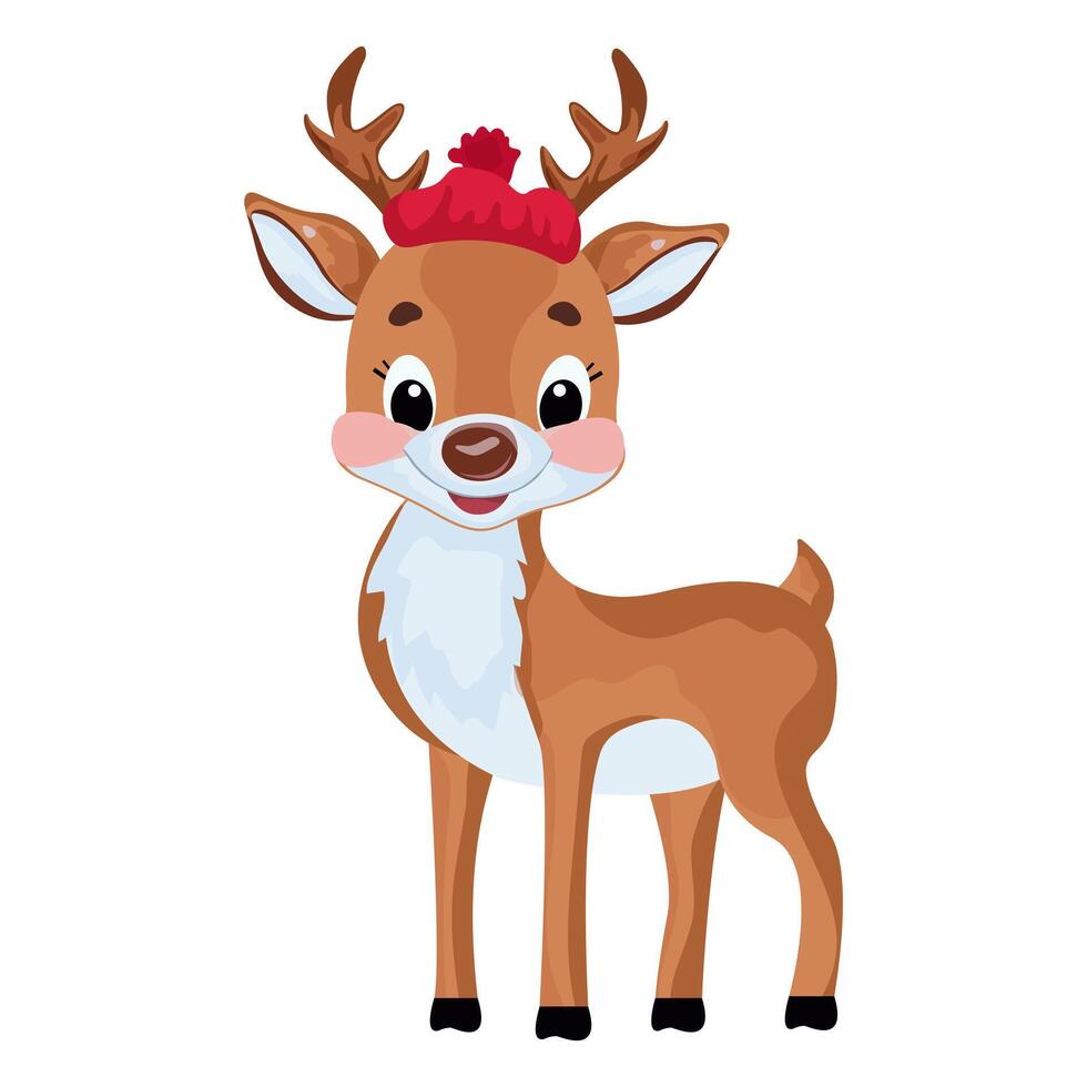 Greeting card with cute reindeer in Christmas red hat A festive character in the winter season. Christmas, New Year. , isolation vector