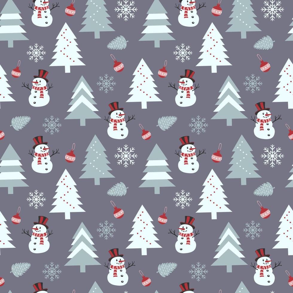 Christmas pattern Simple seamless pattern for gift wrapping with snowman, Christmas tree, snowflakes and toy Print for wrapping paper, Christmas cards, scrapbooking vector