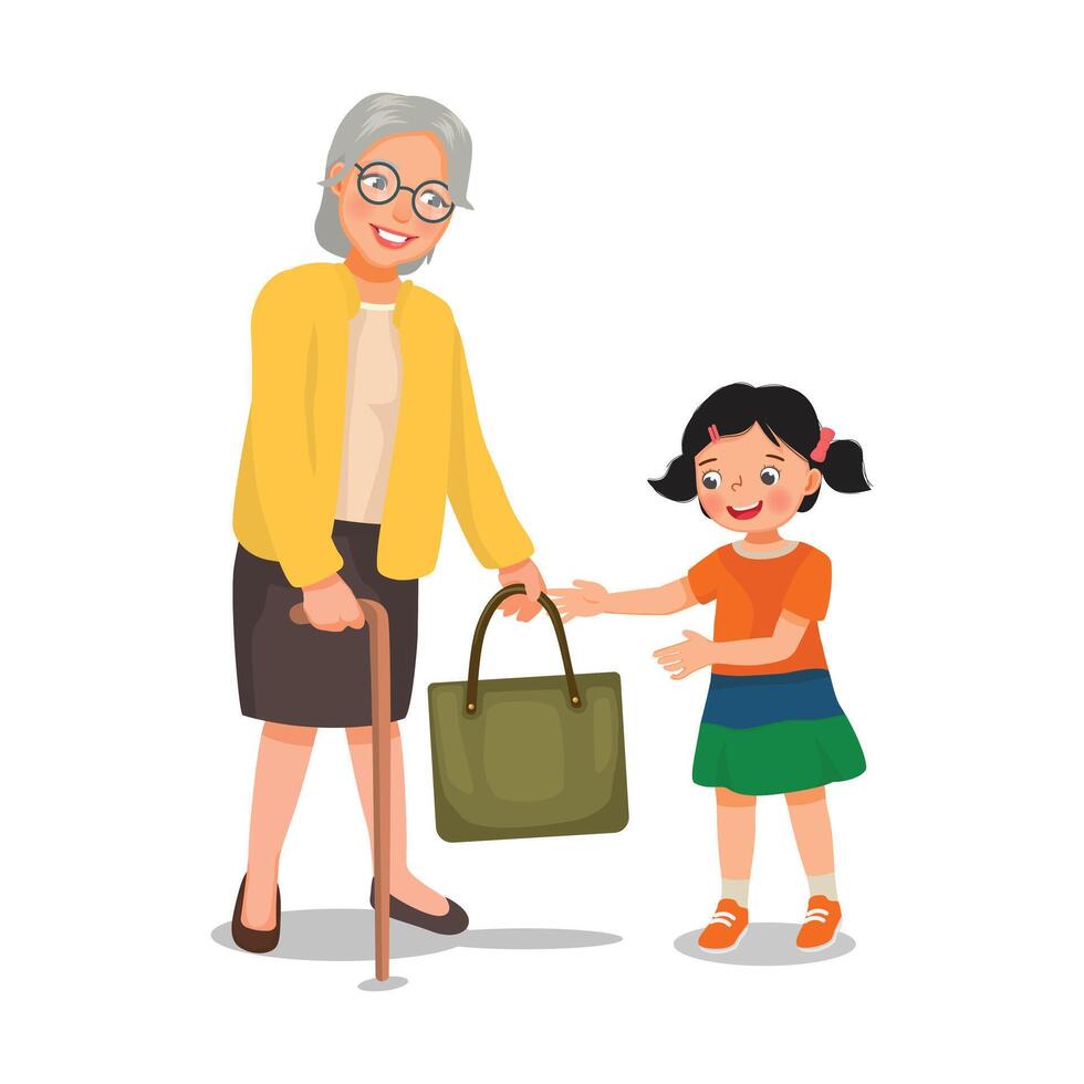 Cute little girl helping grandmother carrying bag vector