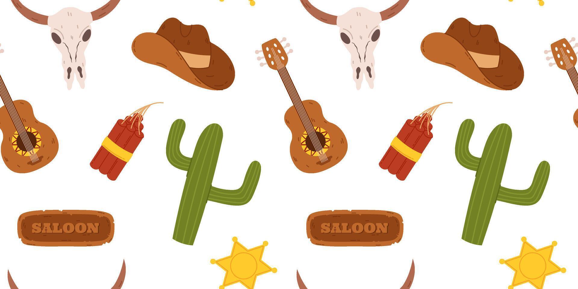 Seamless pattern western elements cowboy hats, cacti, guitars, bull skulls, dynamite sticks, and sheriff badges. Design is perfect for use in textiles, wallpapers, and other Wild West theme vector