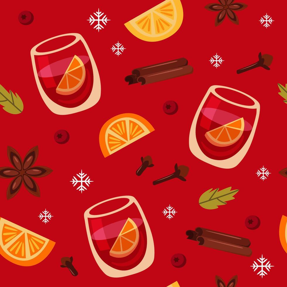 Mulled wine seamless pattern. Glasses of mulled wine, citrus fruits and spices. Winter drink on a red background. Print for packaging, fabric, wallpaper. vector