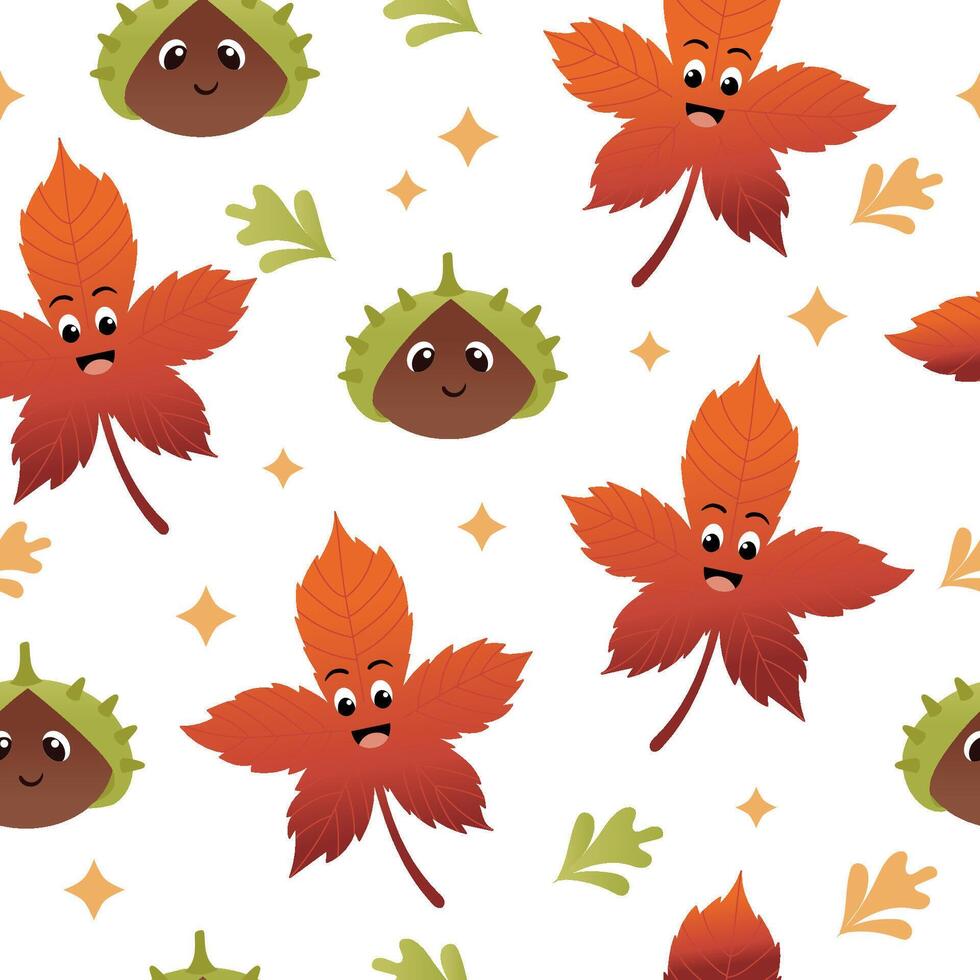 Cute autumn characters seamless pattern. Leaves, acorns. Funny anthropomorphic faces. Colorful illustration background. vector