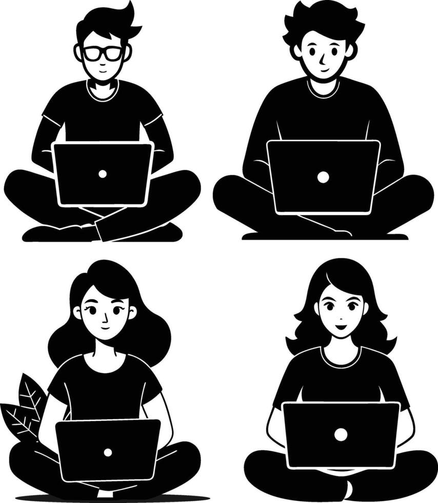 A set of a professional young male and female Freelancer working with laptop silhouette art illustration design with no background vector