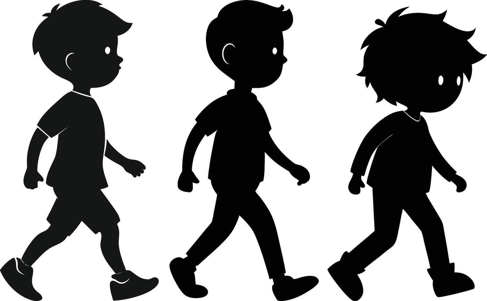A set young kids are walking silhouette art illustration design using pure black color with no background. vector